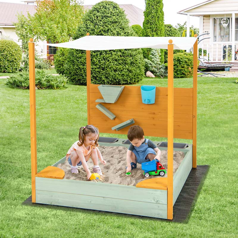 Wooden Kids Sandbox with Removable Canopy & Sand Wall, Cedar Bottomless Kids Sand Pit for Outdoor Backyard