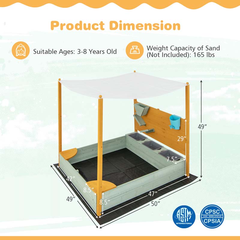 Wooden Kids Sandbox with Removable Canopy & Sand Wall, Cedar Bottomless Kids Sand Pit for Outdoor Backyard