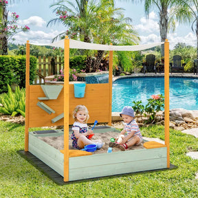 Wooden Kids Sandbox with Removable Canopy & Sand Wall, Cedar Bottomless Kids Sand Pit for Outdoor Backyard