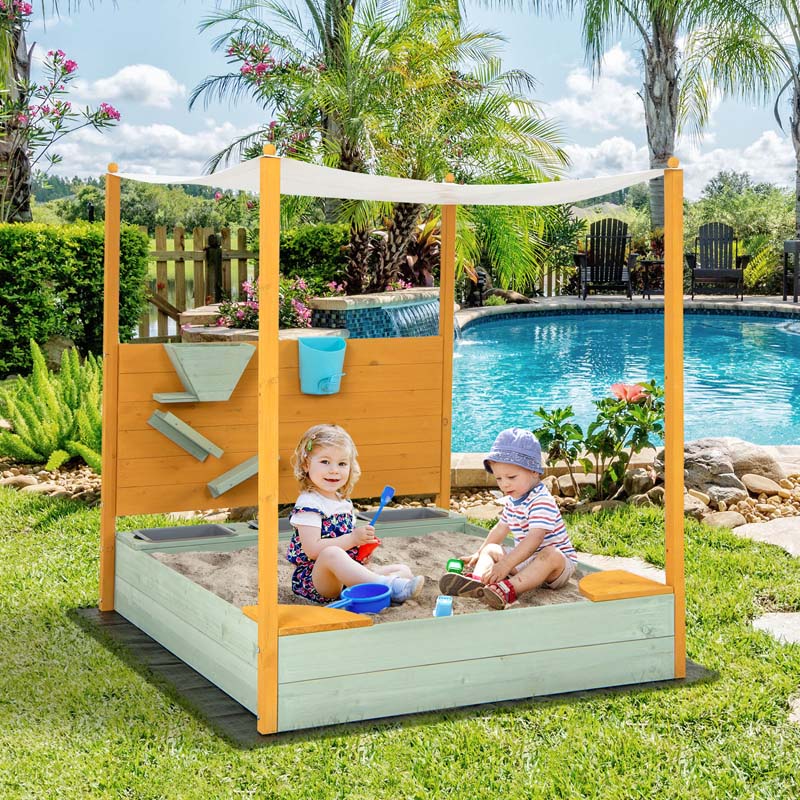 Wooden Kids Sandbox with Removable Canopy & Sand Wall, Cedar Bottomless Kids Sand Pit for Outdoor Backyard