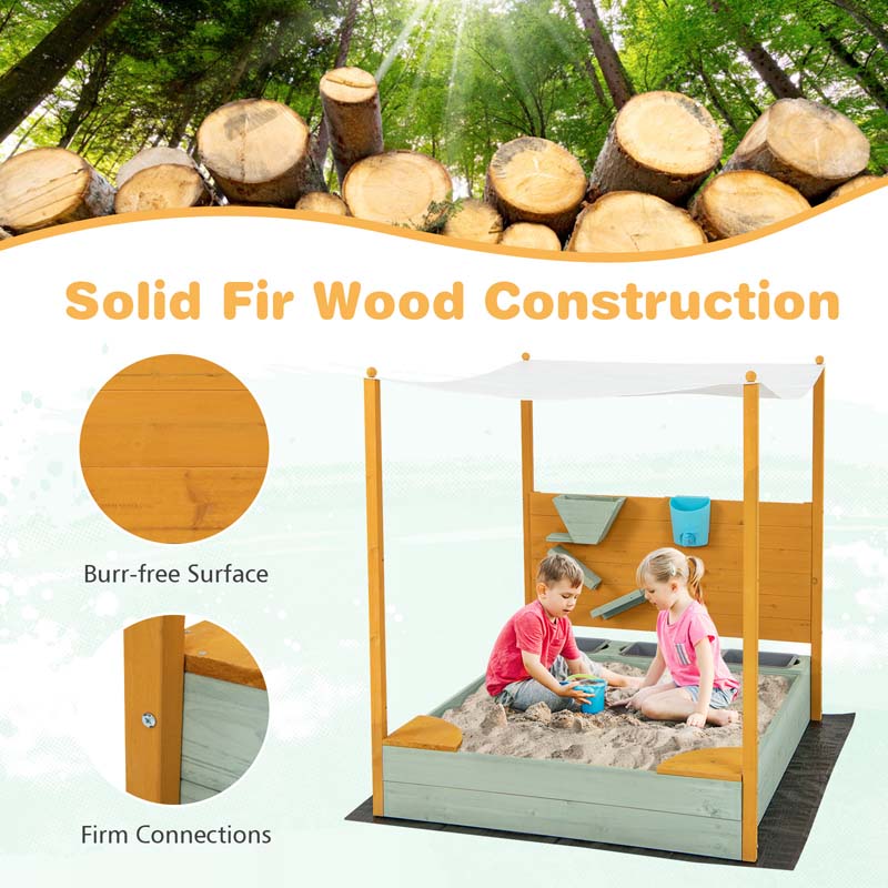 Wooden Kids Sandbox with Removable Canopy & Sand Wall, Cedar Bottomless Kids Sand Pit for Outdoor Backyard