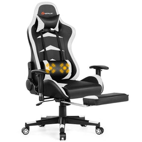 PU Leather Massage Gaming Chair with Footrest, Height Adjustable High Back Ergonomic Gamer Racing Recliner, Swivel PC Game Chair Office Chair