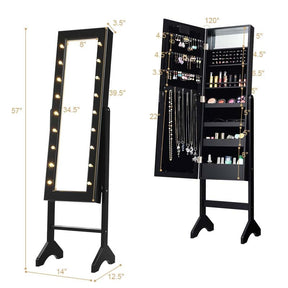 18 LED Standing Jewelry Armoire with Full Length Mirror & 16 Lipstick Holders, Large Jewelry Cabinet Organizer Inside Makeup Mirror for Bedroom