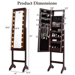18 LED Standing Jewelry Armoire with Full Length Mirror & 16 Lipstick Holders, Large Jewelry Cabinet Organizer Inside Makeup Mirror for Bedroom