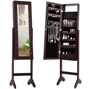 18 LED Standing Jewelry Armoire with Full Length Mirror & 16 Lipstick Holders, Large Jewelry Cabinet Organizer Inside Makeup Mirror for Bedroom