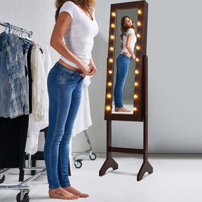 18 LED Standing Jewelry Armoire with Full Length Mirror & 16 Lipstick Holders, Large Jewelry Cabinet Organizer Inside Makeup Mirror for Bedroom