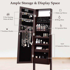 18 LED Standing Jewelry Armoire with Full Length Mirror & 16 Lipstick Holders, Large Jewelry Cabinet Organizer Inside Makeup Mirror for Bedroom