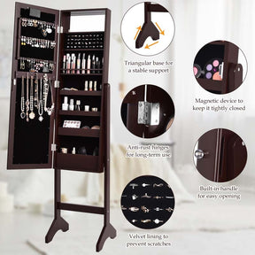 18 LED Standing Jewelry Armoire with Full Length Mirror & 16 Lipstick Holders, Large Jewelry Cabinet Organizer Inside Makeup Mirror for Bedroom