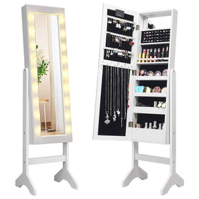 18 LED Standing Jewelry Armoire with Full Length Mirror & 16 Lipstick Holders, Large Jewelry Cabinet Organizer Inside Makeup Mirror for Bedroom