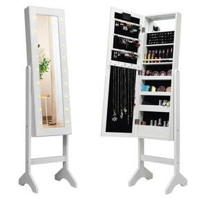 18 LED Standing Jewelry Armoire with Full Length Mirror & 16 Lipstick Holders, Large Jewelry Cabinet Organizer Inside Makeup Mirror for Bedroom