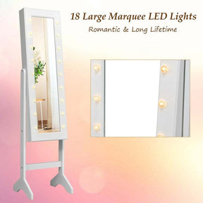 18 LED Standing Jewelry Armoire with Full Length Mirror & 16 Lipstick Holders, Large Jewelry Cabinet Organizer Inside Makeup Mirror for Bedroom