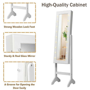 18 LED Standing Jewelry Armoire with Full Length Mirror & 16 Lipstick Holders, Large Jewelry Cabinet Organizer Inside Makeup Mirror for Bedroom