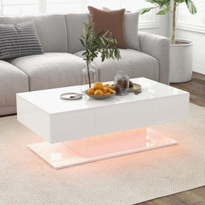 2-Tier Modern LED Coffee Table, High Glossy Rectangle Center Table with 20-Color Lights, 2 Storage Drawers & Remote Control for Living Room