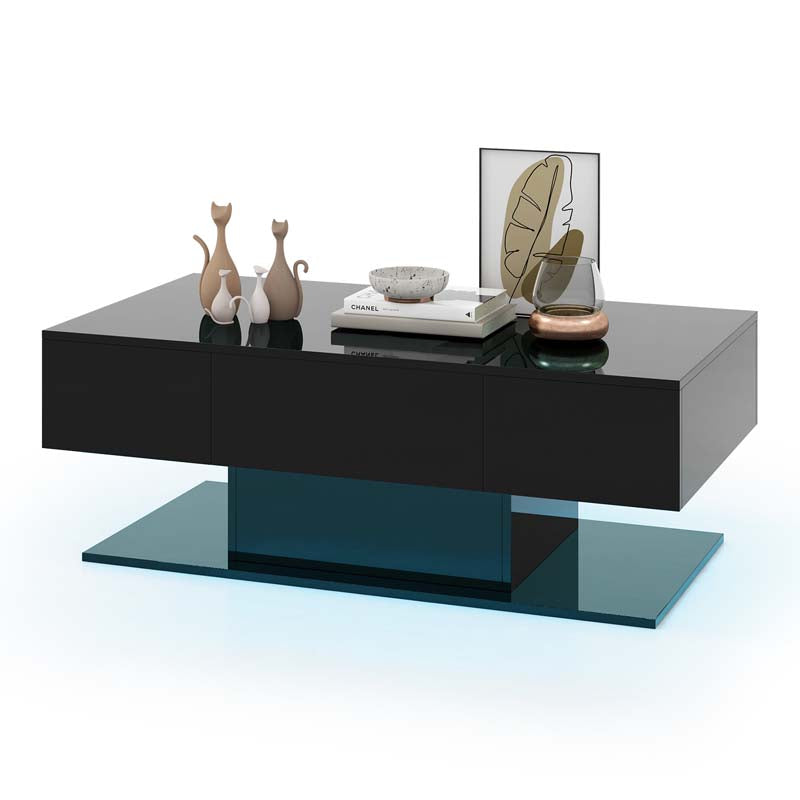 2-Tier Modern LED Coffee Table, High Glossy Rectangle Center Table with 20-Color Lights, 2 Storage Drawers & Remote Control for Living Room