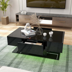 2-Tier Modern LED Coffee Table, High Glossy Rectangle Center Table with 20-Color Lights, 2 Storage Drawers & Remote Control for Living Room