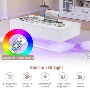 2-Tier Modern LED Coffee Table, High Glossy Rectangle Center Table with 20-Color Lights, 2 Storage Drawers & Remote Control for Living Room