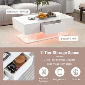 2-Tier Modern LED Coffee Table, High Glossy Rectangle Center Table with 20-Color Lights, 2 Storage Drawers & Remote Control for Living Room