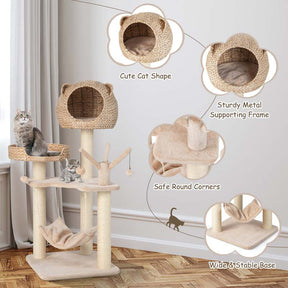 Hand-Made Cattail Cat Condo with Funny Toy Balls, Hammock, Scratching Posts, Multi-Level Modern Cat Tree Tower for Large Cats
