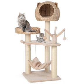 Hand-Made Cattail Cat Condo with Funny Toy Balls, Hammock, Scratching Posts, Multi-Level Modern Cat Tree Tower for Large Cats