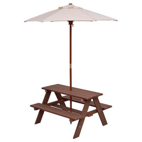 4-Seat Outdoor Kid's Wood Picnic Table Bench Set with Umbrella, Children Activity Table with Built-in Benches