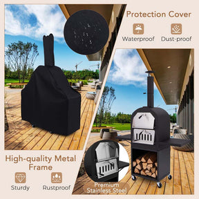 Outdoor Wood Fired Pizza Oven with Firewood Storage, Side Tables, Pizza Stone & Cover, Portable Pizza Maker on Wheels for Outside Charcoal Grill
