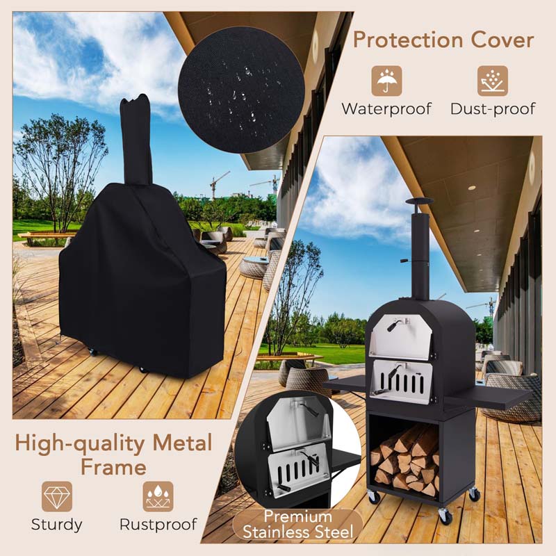 Outdoor Wood Fired Pizza Oven with Firewood Storage, Side Tables, Pizza Stone & Cover, Portable Pizza Maker on Wheels for Outside Charcoal Grill