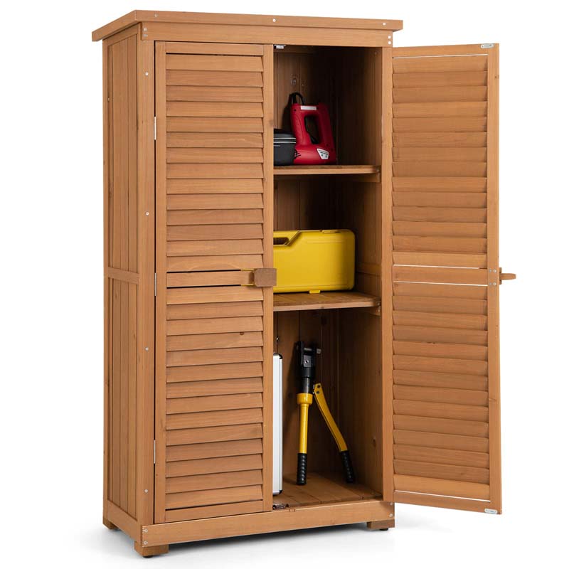 63" Wooden Outdoor Storage Cabinet Garden Tool Shed with Double Doors, Asphalt Roof & 3 Removable Shelves, Waterproof for Patio Lawn Garden Yard