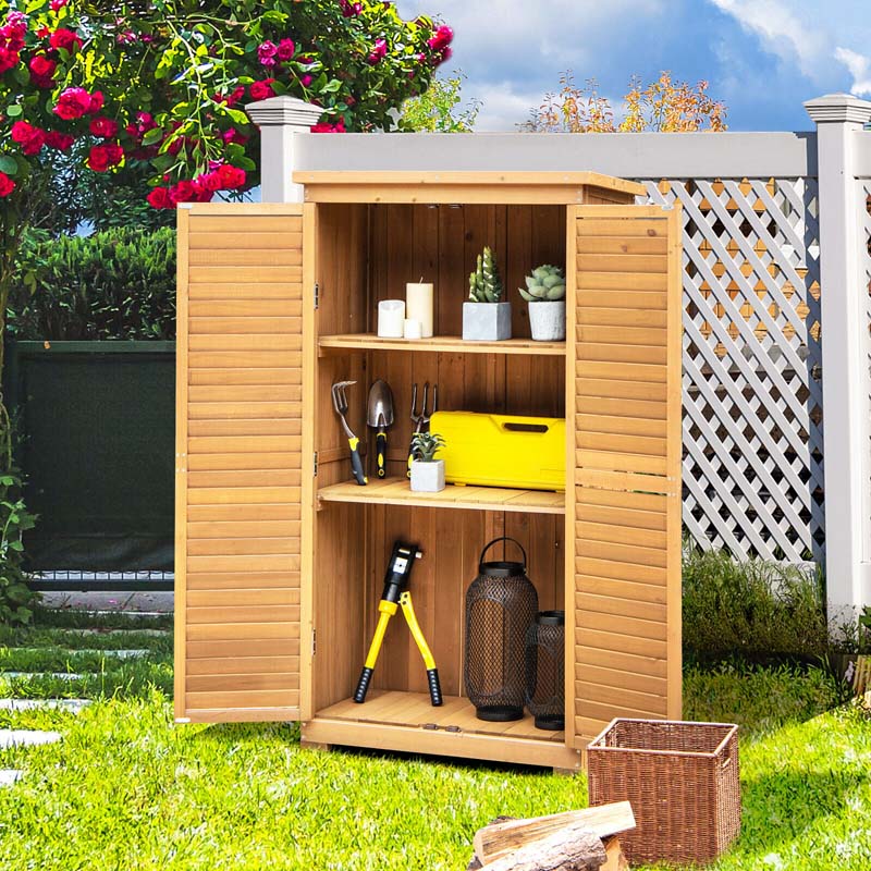 63" Wooden Outdoor Storage Cabinet Garden Tool Shed with Double Doors, Asphalt Roof & 3 Removable Shelves, Waterproof for Patio Lawn Garden Yard