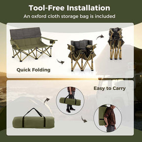 2-Person Folding Loveseat Camping Couch Chair with Cup Holders & Thick Padding, Outdoor Lawn Chair for Beach Picnic Travel