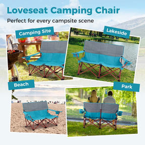 2-Person Folding Loveseat Camping Couch Chair with Cup Holders & Thick Padding, Outdoor Lawn Chair for Beach Picnic Travel