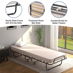 75" x 32" Rollaway Bed with 4" Memory Foam Mattress, Cot Size Folding Guest Bed Portable Foldable Sleeper Bed for Home, Made in Italy