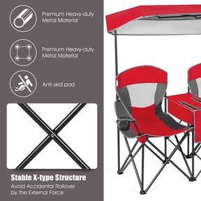 Double Sunshade Camping Canopy Chair with Mini Table, Cup Holder, Portable Folding Beach Chair with Canopy