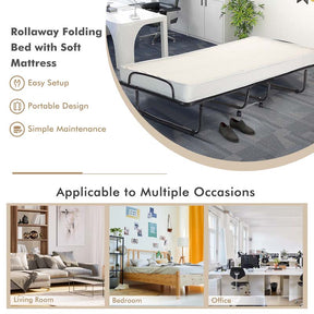 75" x 31" Rollaway Folding Bed with 4" Memory Foam Mattress, Portable Fold Up Guest Bed with Metal Frame and Wheels