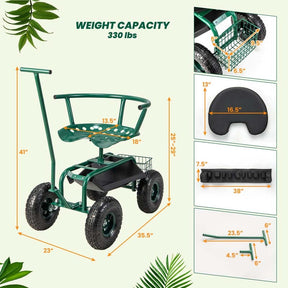 Rolling Garden Cart Workseat Garden Scooter with 360 Degree Swivel Cushioned Seat & Tool Storage, 2 Steering Handles