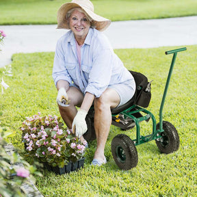 Rolling Garden Cart Workseat Garden Scooter with 360 Degree Swivel Cushioned Seat & Tool Storage, 2 Steering Handles