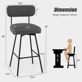 Swivel Bar Stools Set of 2, 29" Upholstered Bar Height Chairs with Back, Footrest & Metal Frame for Kitchen Island, Dining Room, Home Bar