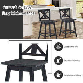 Vintage 360° Swivel Bar Stools Set of 2, Rubber Wood Counter Height Chairs with Back & Non-Slip Foot Pads for Kitchen, Counter, Restaurant