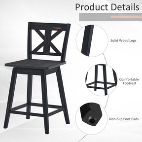 Vintage 360° Swivel Bar Stools Set of 2, Rubber Wood Counter Height Chairs with Back & Non-Slip Foot Pads for Kitchen, Counter, Restaurant