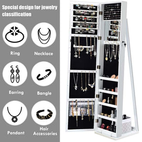 Standing Jewelry Armoire with Full Length Mirror, 2-in-1 Lockable Jewelry Cabinet Organizer Inside Makeup Mirror, Large Storage Capacity