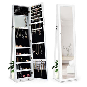 Standing Jewelry Armoire with Full Length Mirror, 2-in-1 Lockable Jewelry Cabinet Organizer Inside Makeup Mirror, Large Storage Capacity