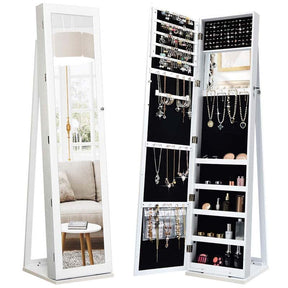 Standing Jewelry Armoire with Full Length Mirror, 2-in-1 Lockable Jewelry Cabinet Organizer Inside Makeup Mirror, Large Storage Capacity