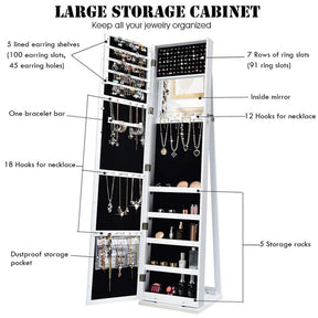 Standing Jewelry Armoire with Full Length Mirror, 2-in-1 Lockable Jewelry Cabinet Organizer Inside Makeup Mirror, Large Storage Capacity