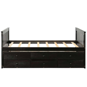 Twin Captain's Bed with Trundle Bed, Storage Daybed with 3 Drawers, Wooden Platform Bed for Kids Guests Sleepovers