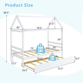 Twin Size House Bed with Trundle, Roof Wooden Platform Bed Frame, Playhouse Twin Bed for Kids Toddlers