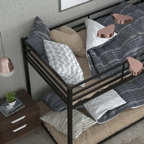 Metal Bunk Bed Twin Over Twin, Low Profile Bunk Bed Frame Platform with Ladder & Full Length Guardrail for Kids Teens, No Box Spring Needed