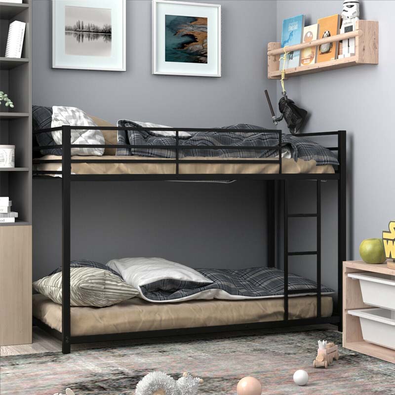 Metal Bunk Bed Twin Over Twin, Low Profile Bunk Bed Frame Platform with Ladder & Full Length Guardrail for Kids Teens, No Box Spring Needed
