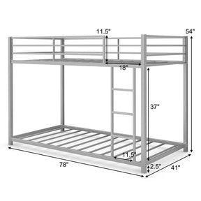 Metal Bunk Bed Twin Over Twin, Low Profile Bunk Bed Frame Platform with Ladder & Full Length Guardrail for Kids Teens, No Box Spring Needed