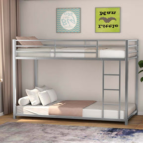 Metal Bunk Bed Twin Over Twin, Low Profile Bunk Bed Frame Platform with Ladder & Full Length Guardrail for Kids Teens, No Box Spring Needed