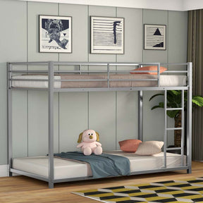 Metal Bunk Bed Twin Over Twin, Low Profile Bunk Bed Frame Platform with Ladder & Full Length Guardrail for Kids Teens, No Box Spring Needed