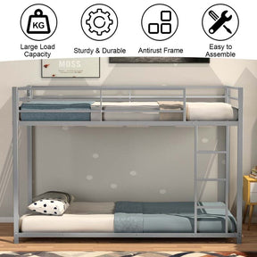 Metal Bunk Bed Twin Over Twin, Low Profile Bunk Bed Frame Platform with Ladder & Full Length Guardrail for Kids Teens, No Box Spring Needed